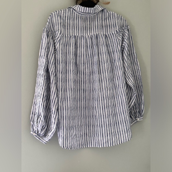Umgee Button Up Blouse Women's Size S Blue White Striped Long Balloon Sleeves - Picture 10 of 16